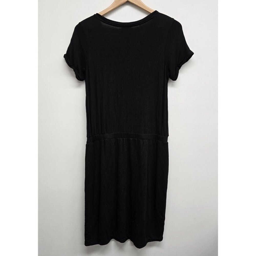 32 Degrees Cool Lux Stretch Dress Sz M Black Short Sleeve Elastic Waist Pockets - Picture 2 of 9